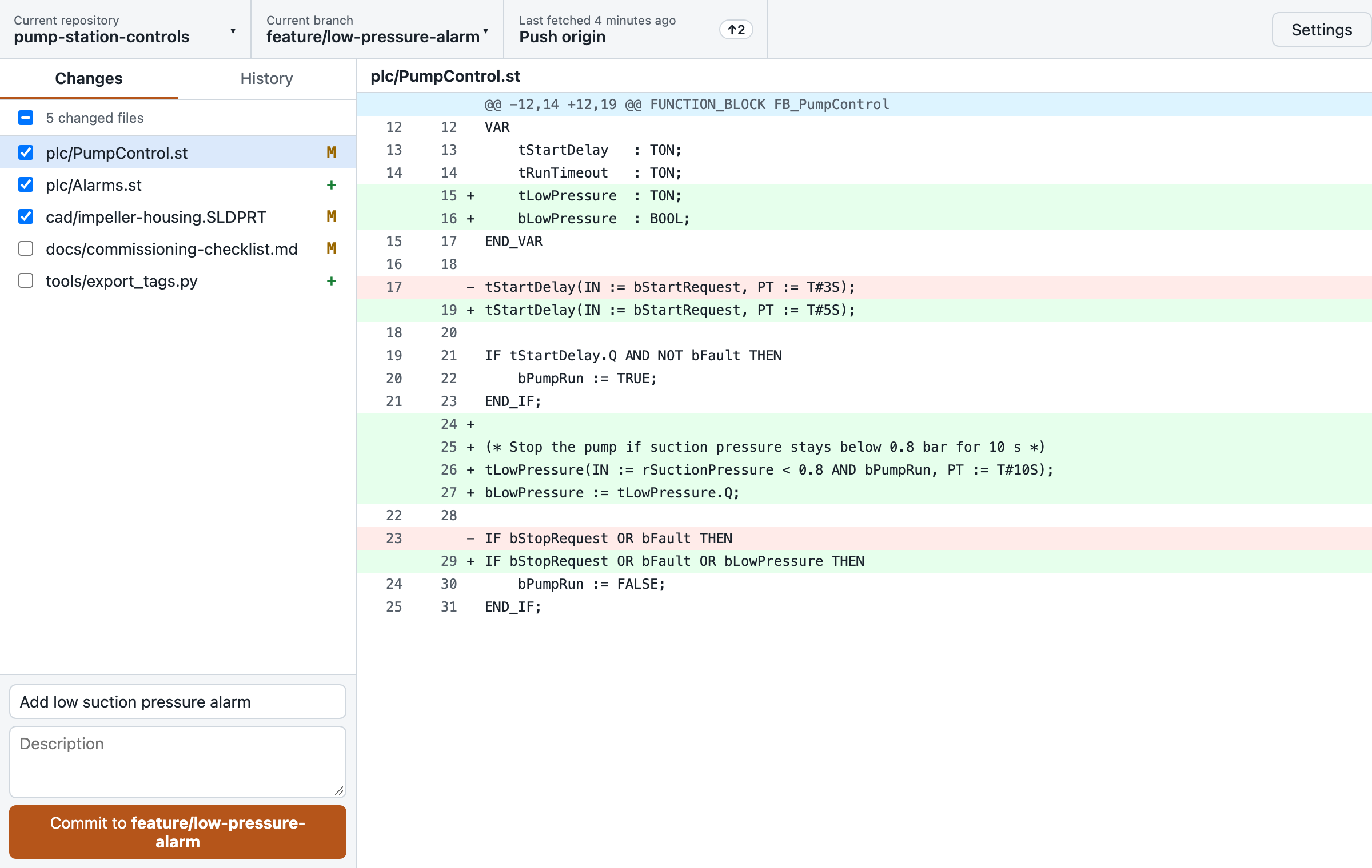 Tenajlo's Changes view: a list of changed files, including a PLC program and a CAD part, next to the highlighted changes in the PLC program and a commit box