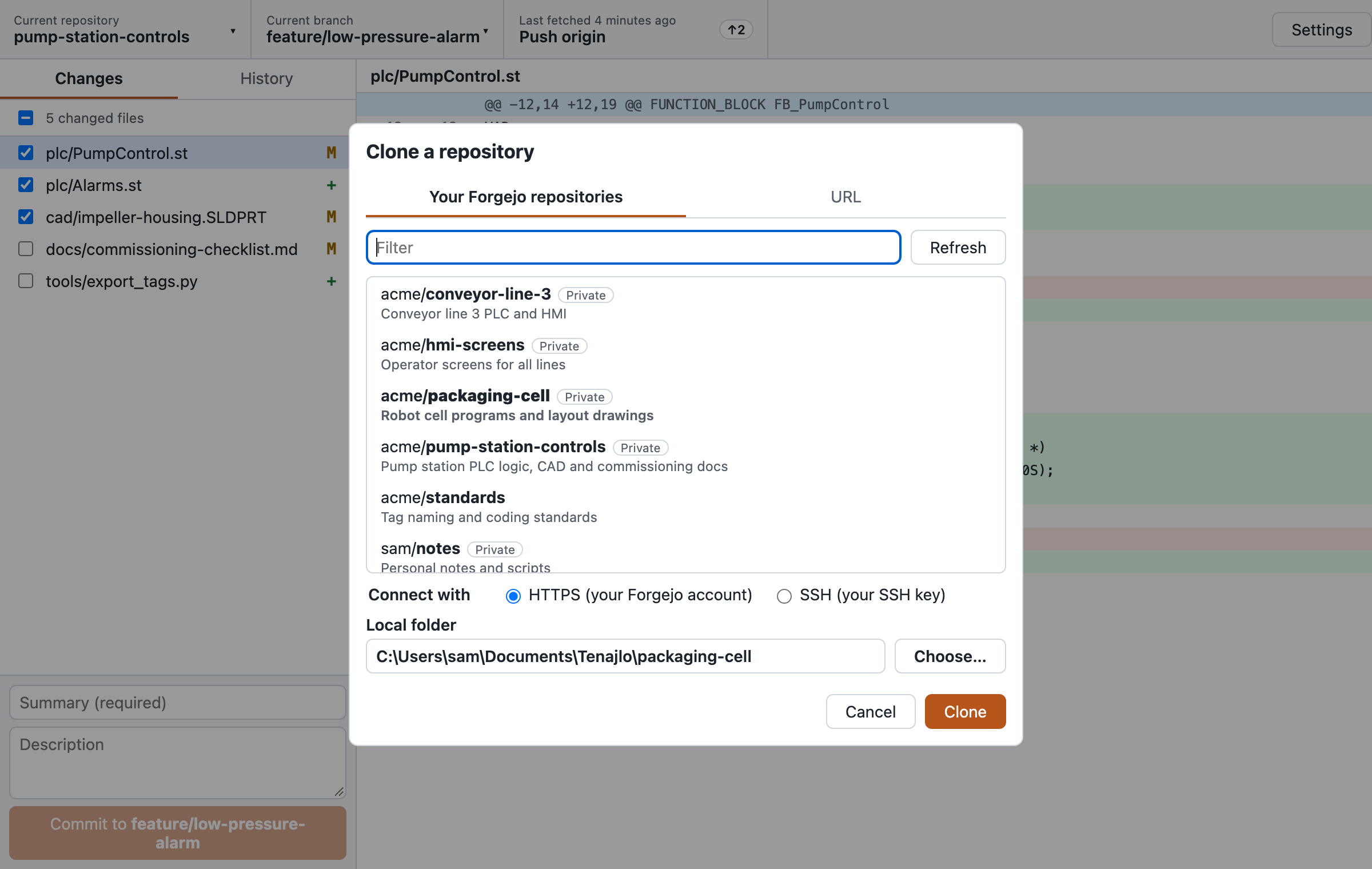 Clone dialog listing Forgejo repositories, with a choice of HTTPS or SSH and the local folder