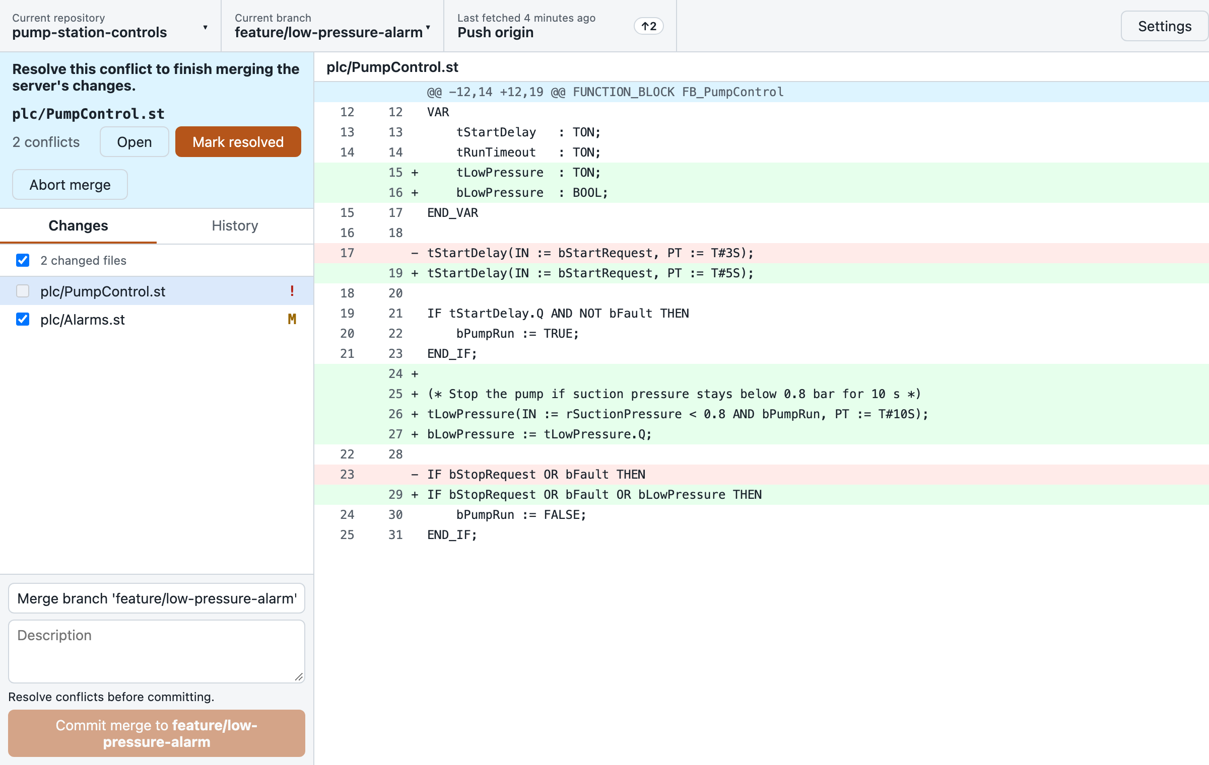 Conflict banner naming the conflicted file, with Open, Mark resolved and Abort merge buttons