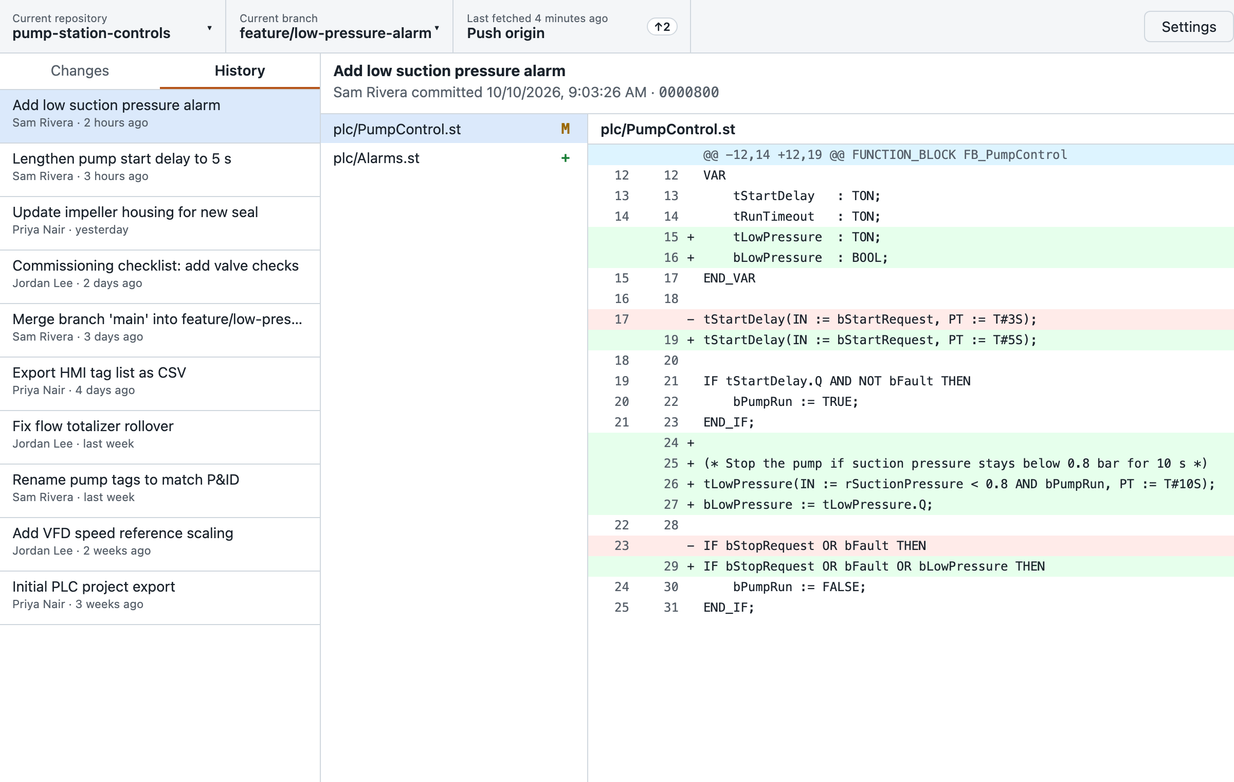 History view: a list of commits with authors and dates, and the changes in the selected commit
